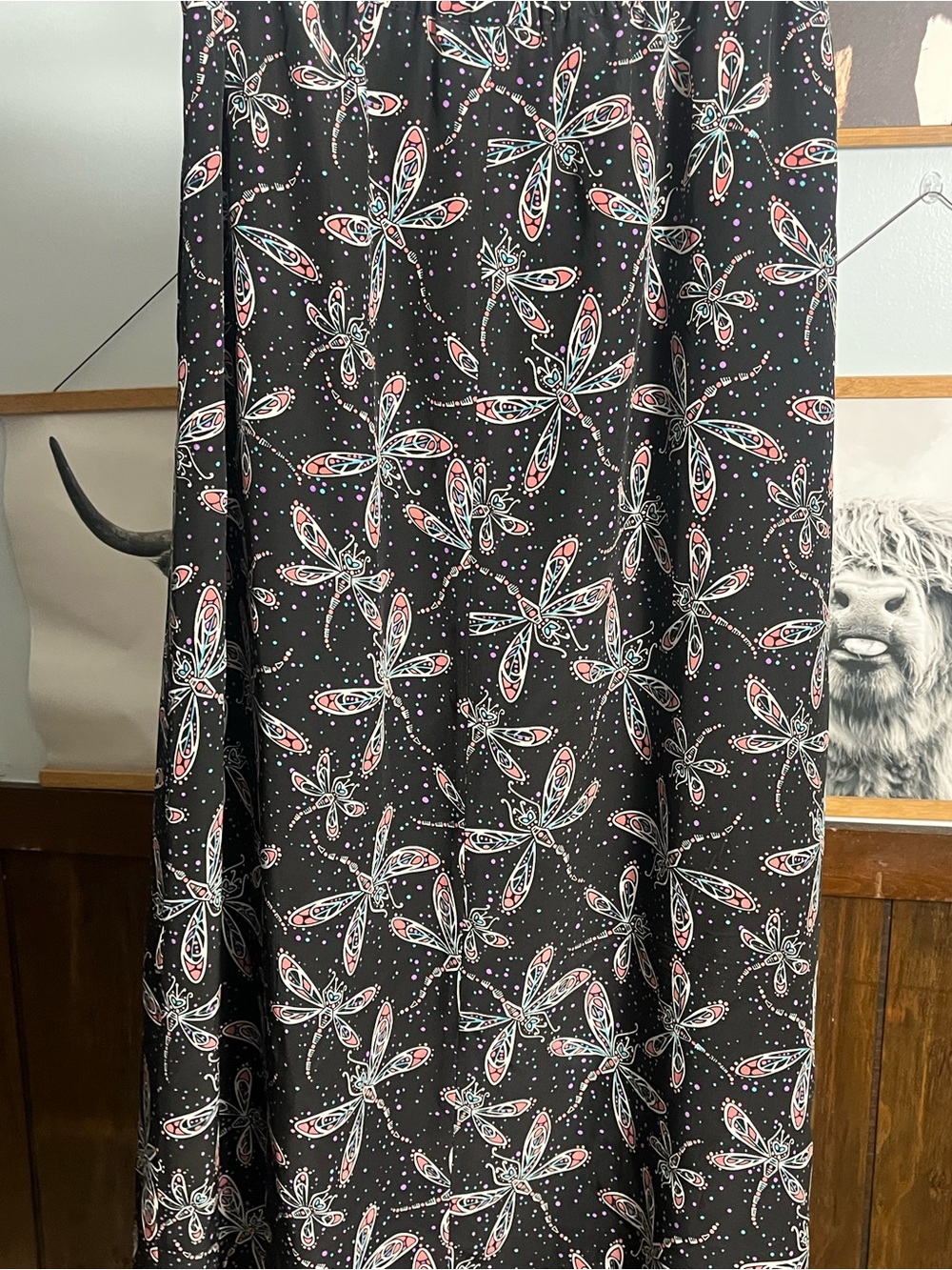 Bob Mackie Black Maxi Skirt with Pink & White Dragonfly Motif